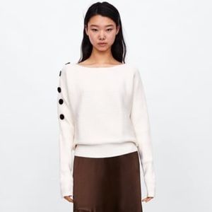 Zara off white ribbed sweater with button detail